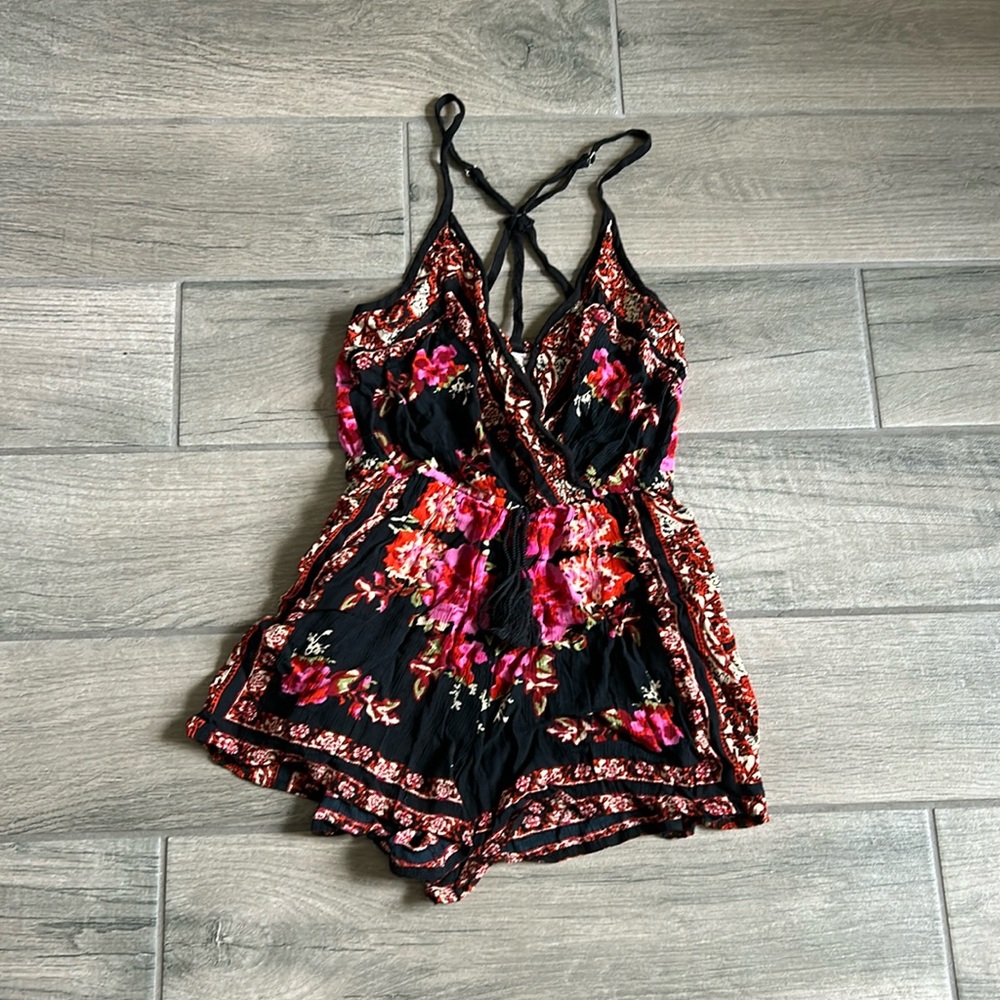 Band of Gypsies Black Floral Romper with Pink & Red Accents
